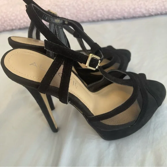 Aldo Sexy Strappy Stiletto Platform Heels Black Leather Suede and Mesh Size 7 - Picture 3 of 10